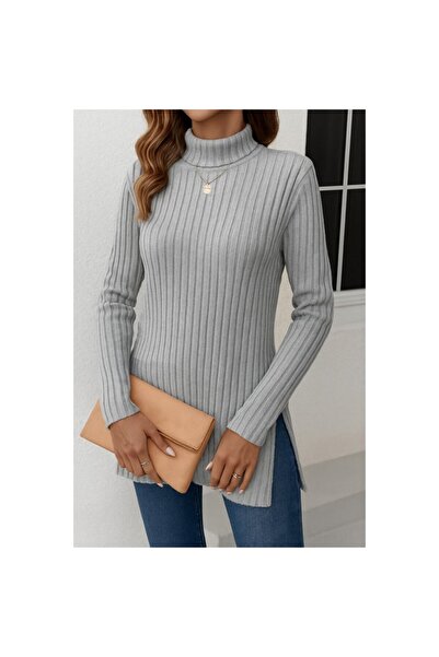vuvutasarım New Season Slit Detail Turtleneck Side Slit Raised Camisole Pullover Blouse 19362