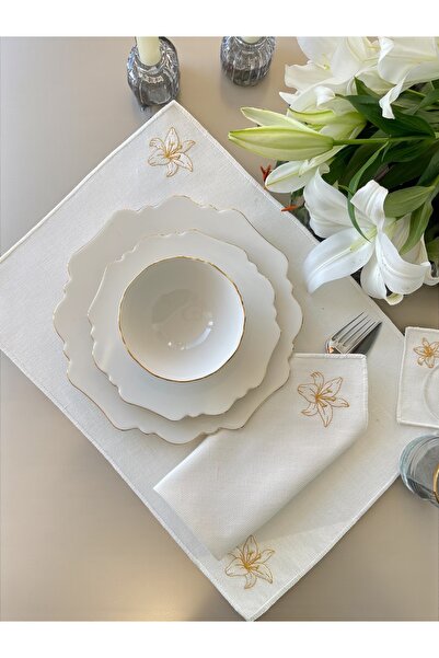 Smiling Creations Pure Lily Amerikan Servis / Zambak Nakışlı Keten Amerikan S...