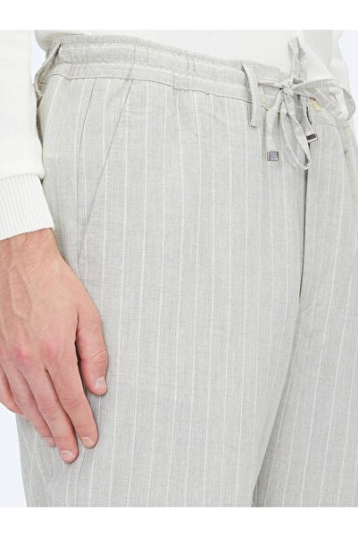 Kip Gray Striped Woven Jogging Fit Casual Linen Blend Trousers