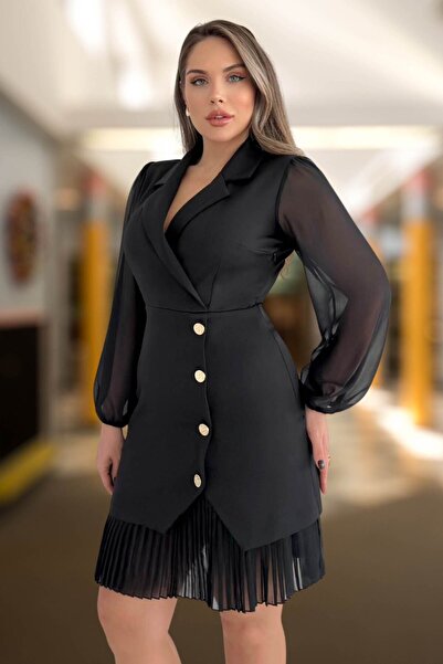 Moda Amore Kruvaze Blazer Şifon Uzun Kol Altın Düğmeli Plise Detaylı Midi Elbise (Kırmızı/Siyah/Kahve) 2665