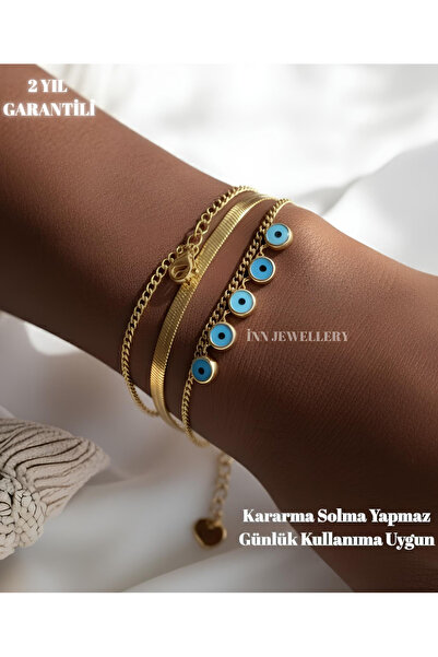 İNN JEWELLERY Steel Women's Special Design Double Evil Eye Bead Figured Brace...