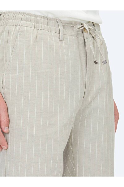Kip Beige Striped Woven Jogging Fit Casual Linen Blend Trousers