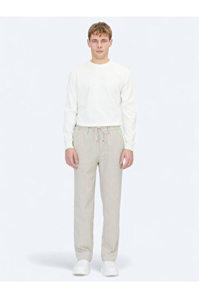 Kip Beige Striped Woven Jogging Fit Casual Linen Blend Trousers