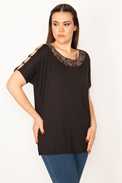 Şans Women's Large Size Black Sleeve Low-cut Collar Garni Detailed Blouse 65n32430
