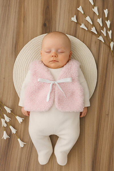Bebella Pembe Kız Bebek Yeleği Welsoft Kumaş İç Kısmı Pamuklu Önden Kurdeleli Yenidoğan Yelek
