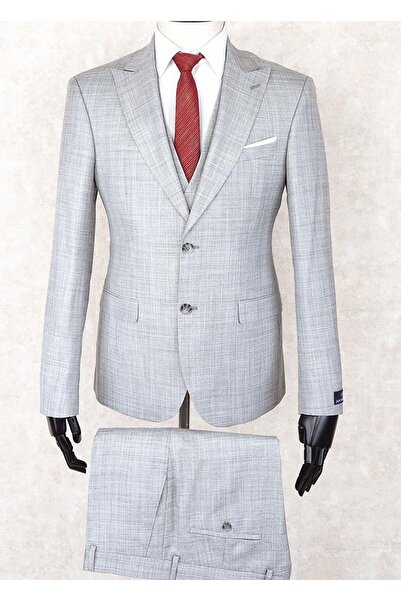 Jan Carlucci Slim Fit Sivri Yaka-Çift Yırtmaç Açık Gri Drop 6 Yelekli Takım E...