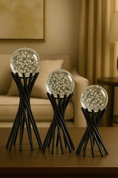 DECOOR MALL Dekoratif 3'lü Siyah Burmalı Çapraz Ayaklı Küre / Ev Ofis Dekoru