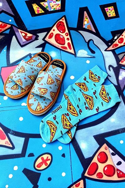 Chochili Unisex Pizza Patterned Socks and Open Front Slippers Set