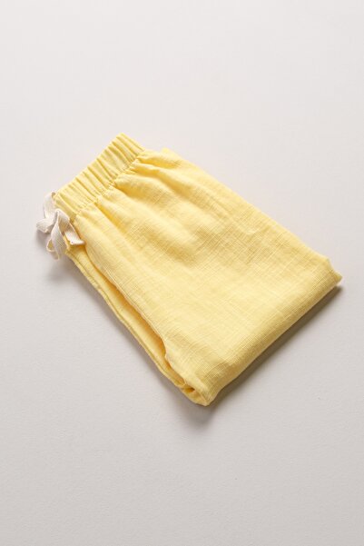 Bondberro Flamlı Müslin Bol Kesim Unisex Çocuk Pantolonu %100 Pamuk Sarı