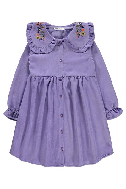 Civil Girls Yaka Nakışlı 6-9 Yaş Elbise - Lila 7-8 Yaş