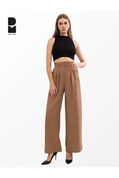 Diemmood Camel Krep Pileli Palazzo Pantolon