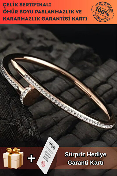 OSMANLI GÜMÜŞ Women's Steel Bracelet - Spiral Model Steel Bracelet with Rose Zircon Stone Embroidery