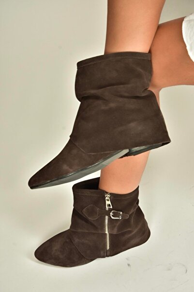 Fox Shoes V380518102 Kahverengi Süet Düz Taban Fermuar Detaylı Kadın Bot