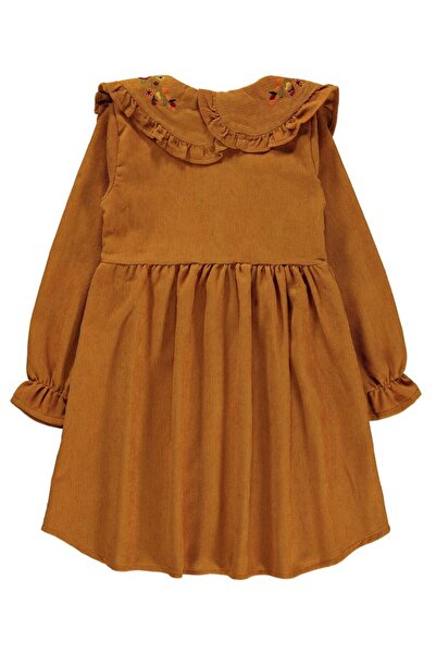 Civil Girls Yaka Nakışlı 6-9 Yaş Elbise - Hardal 7-8 Yaş