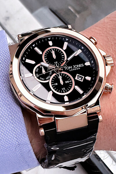 Tom Jones ساعة يد رجالية أصلية 3 Atm مقاومة للماء باللون الأسود وسوار فولاذي ...
