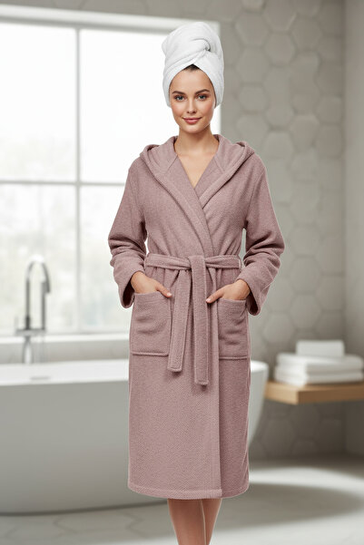 Class Kapüşonlu Bukle Bornoz Unisex Pudra Ramage