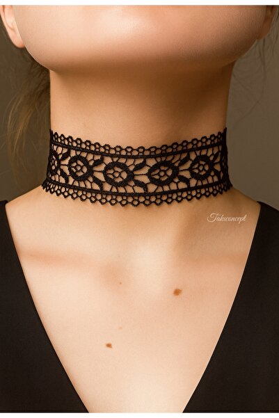 TakıConcept Siyah Kalın Dantel Kolye, Dantel Choker, Kadın Kolye