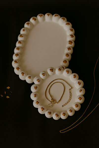 EVOONA CONCEPT Rose Gold Varak Detaylı 2’li Boncuk Kenarlı Tepsi Seti Yuvarlak & Oval Takı ve Anahtar Organizeri