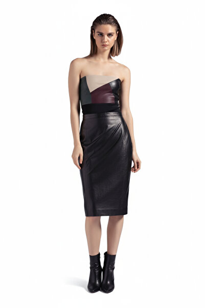 Deriderim Black Women's Pencil Lined Genuine Leather Skirt with Back Zipper and Slit