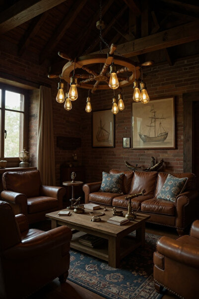 Can Marangozluk Ahşap 87 Cm Rustik Ahşap Gemi Dümeni Avizesi Endüstriyel Zincirli, Açık Ceviz,Eskitme Renk Duy