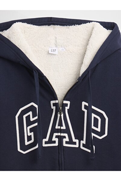 GAP Kadın Lacivert Relaxed Logo Sherpa-Astarlı Fermuarlı Sweatshirt