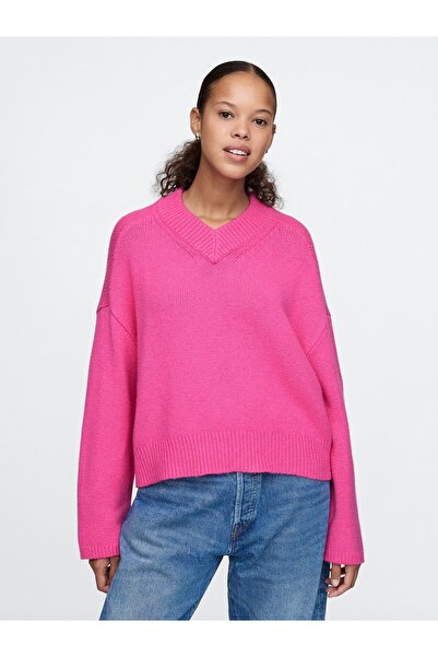 GAP Kadın Pembe CashSoft Oversize V Yaka Kazak