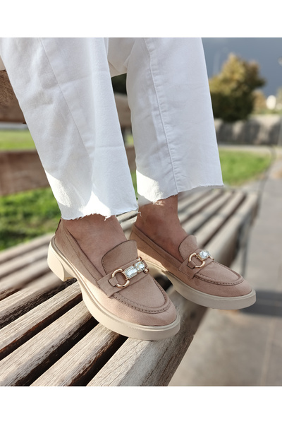 EVEREST SHOES Women's Neutral Beige Suede Stone Buckle Loafer Shoes