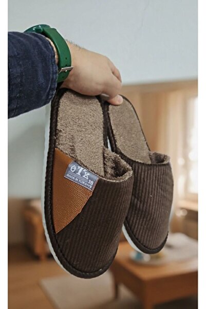 Slipcat Unisex House Slippers Non-Slip Sole Ribbed Fabric Comfortable Model Stylish and Comfortable Indoor Slippers Semi-Leather