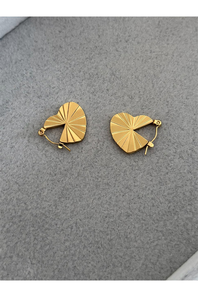 FIERA JEWELRY Çizgili Kalp Plaka Gold Renk Kadın Çelik Küpe