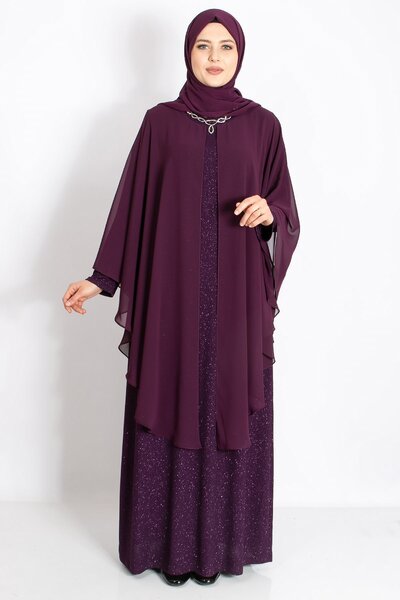 Modaviki Kolye Detaylı Pelerinli Simli Abiye Mürdüm MDA2214