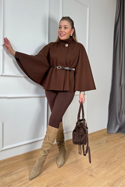 Safgiyim44 Gold Button Belt Detailed Cashmere Poncho Brown