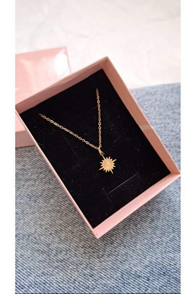 NO BRAND Güneş Figürlü Taş Detaylı Çelik Kadın Kolye – Altın Renk