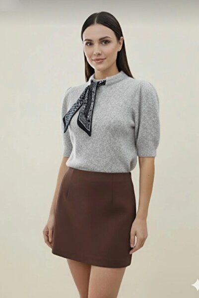 Safgiyim44 Short Sleeve Scarf Detail Fleece-Lined Sweater Gray