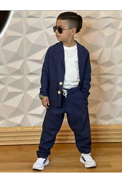rg kidsstore Erkek Çocuk Doğal Keten Kumaş, Pantolon, Tişört, Ceket 3'lü Takım Elbise_RG1465