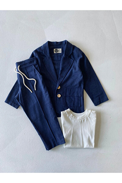 rg kidsstore Erkek Çocuk Doğal Keten Kumaş, Pantolon, Tişört, Ceket 3'lü Takım Elbise_RG1465