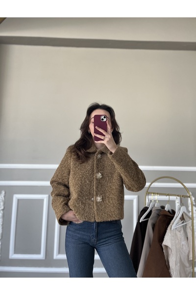 HEWES Taba Düğme Detaylı Keçe Kumaş Kısa Ceket