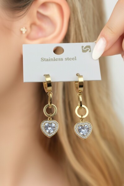 GLOW LUXE 316L Women's Zircon Stone Dangle Heart Figured Clip Steel Earrings