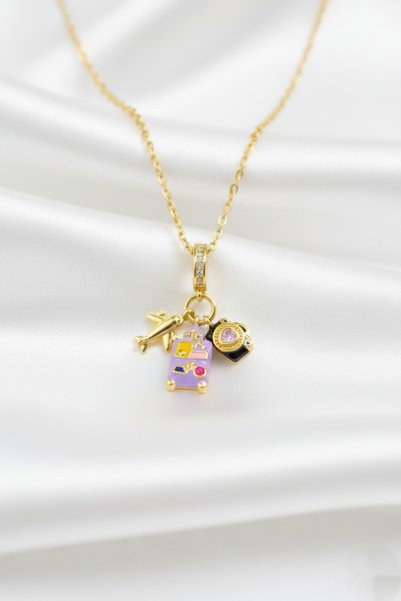 özgül takı ve tasarım Travel Model Pink Zircon Stone Stainless Steel Gold Color Women's Necklace