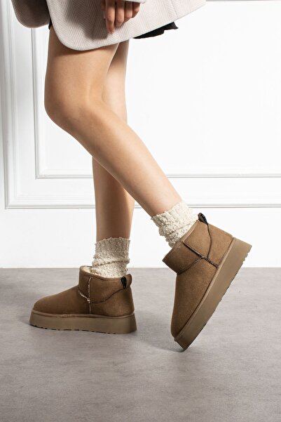 Yula Fashion Shoes Mini Vizon Süet İçi Kürklü Kalın Taban Kadın Bot