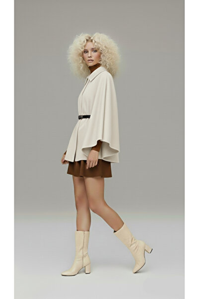 Shiron Sportswear&Company Women's Belted Ecru Cashmere Poncho