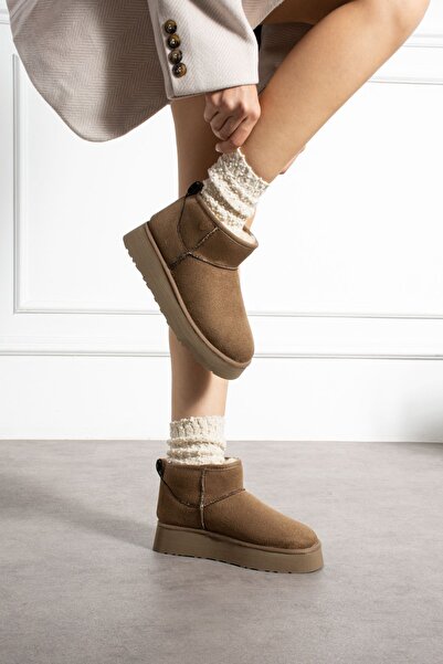 Yula Fashion Shoes Mini Vizon Süet İçi Kürklü Kalın Taban Kadın Bot