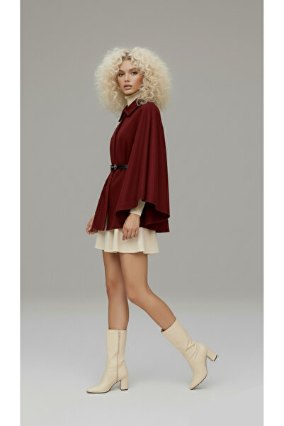 Shiron Sportswear&Company Kadın Kemerli Bordo Kaşe Panço - Tesettür Tunik