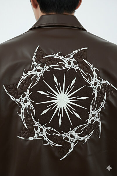 A&O Style Чоловіча коричнева oversize куртка-бомбер зі шкіри з підкладкою та вишивкою Thorn