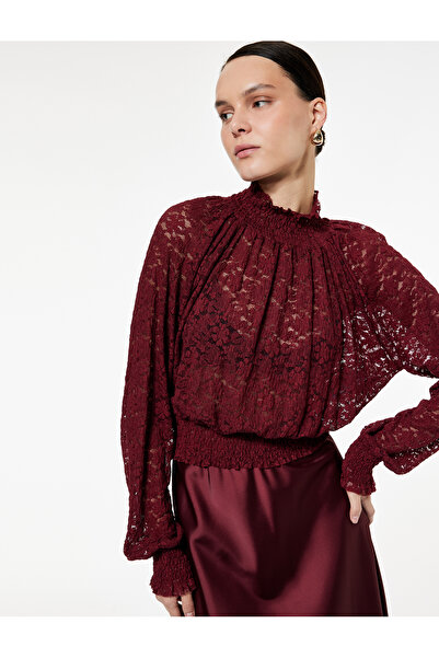 Koton Slim Fit Gipeli Long Balloon Sleeve Stand Collar Crop Lace Blouse