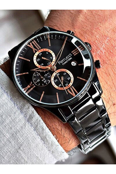 Ferrucci Takvimli Lüks Erkek Kol Saati Hediye Paketli Ve Hematit Bileklikli