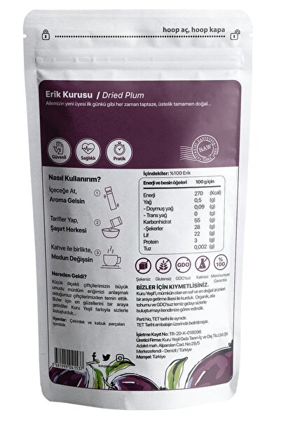 Kuru Yeşil Erik Kurusu - Kuru Meyve - Dried Plum - Şeker Ilavesiz Plum - Kurutulmuş Erik - Kuru Erik - 50 gr