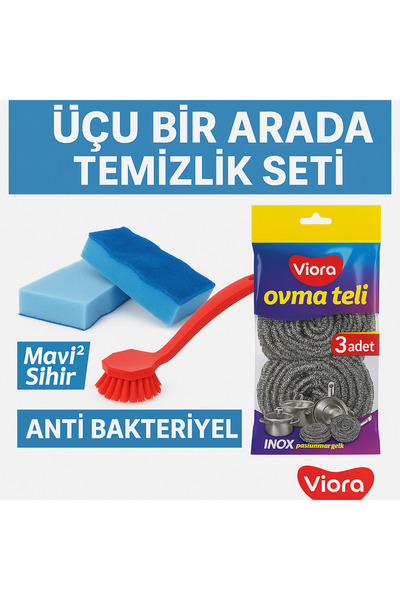 viora TEMİZLİK SETİ SÜNGER OVMA TELİ FIRÇA