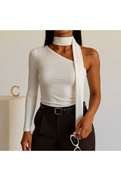 Cuyka Women's One-Shoulder Scarf Detail Long Sleeve Sandy Fabric Blouse -