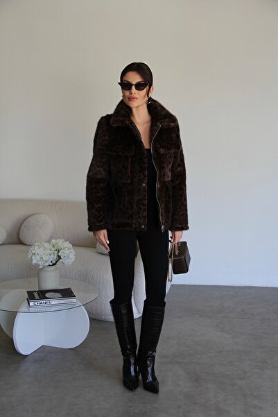 Julidress Луксозно кожено палто с леопардов принт, копчета и цип