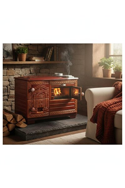 Efsoon Organics Tuğlalı Tek Fırınlı 13 cm Kuzineli Emaye Çift Kapaklı Kuzine Soba